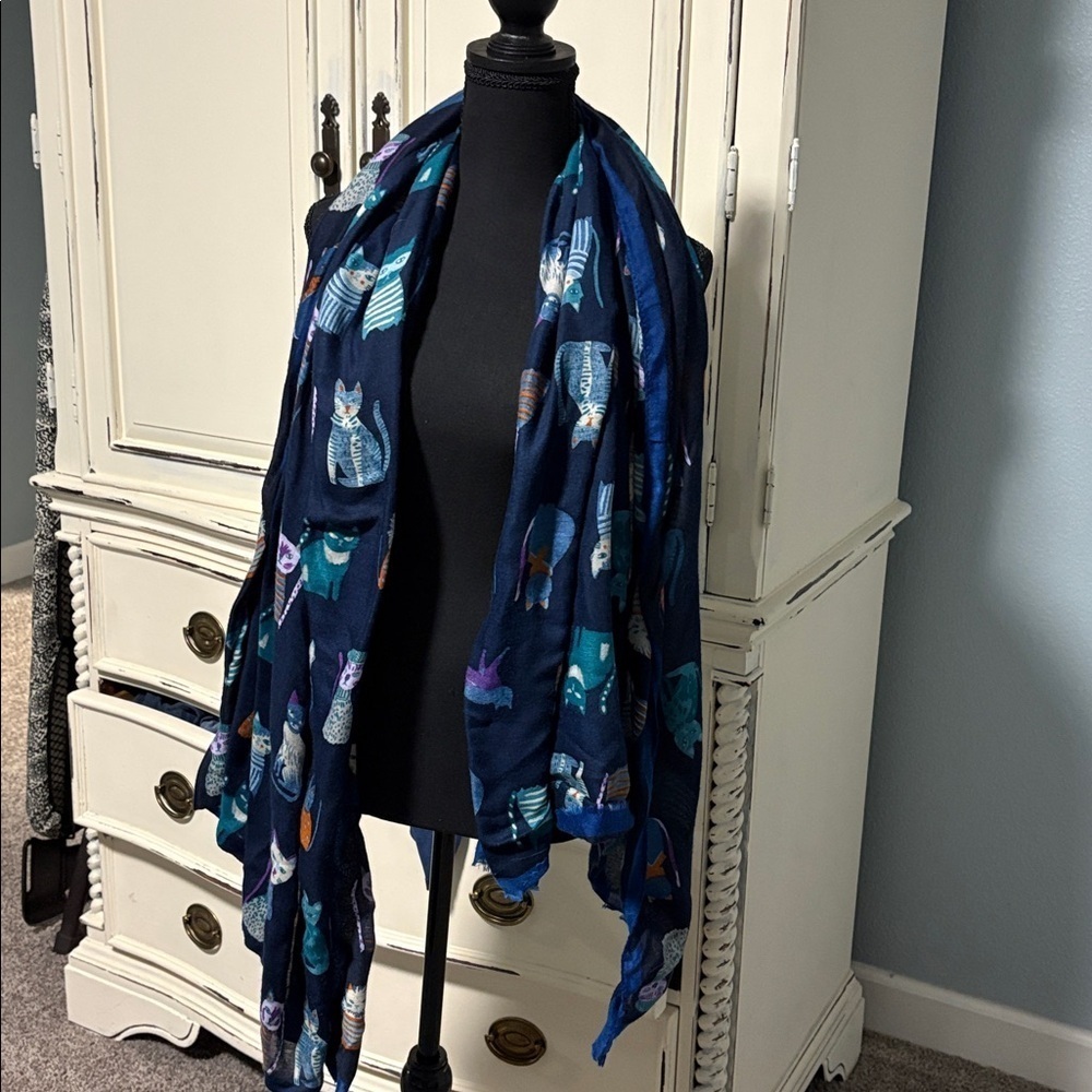 Navy Blue Cat Print Scarf